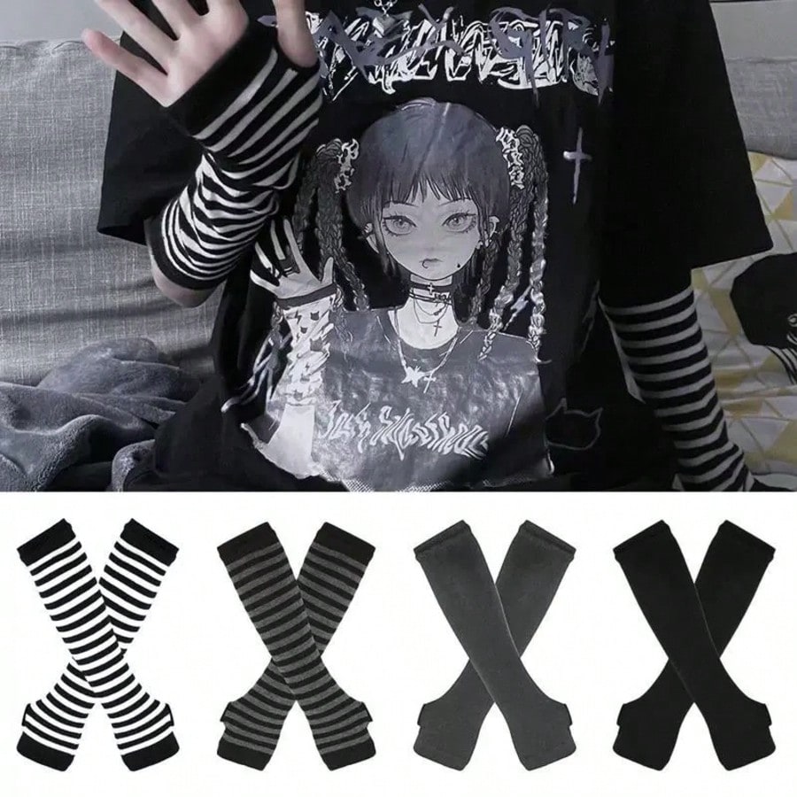 1 Pair Y2K Punk Striped Knitte - Fingerless Glove Knit avaliação e preço