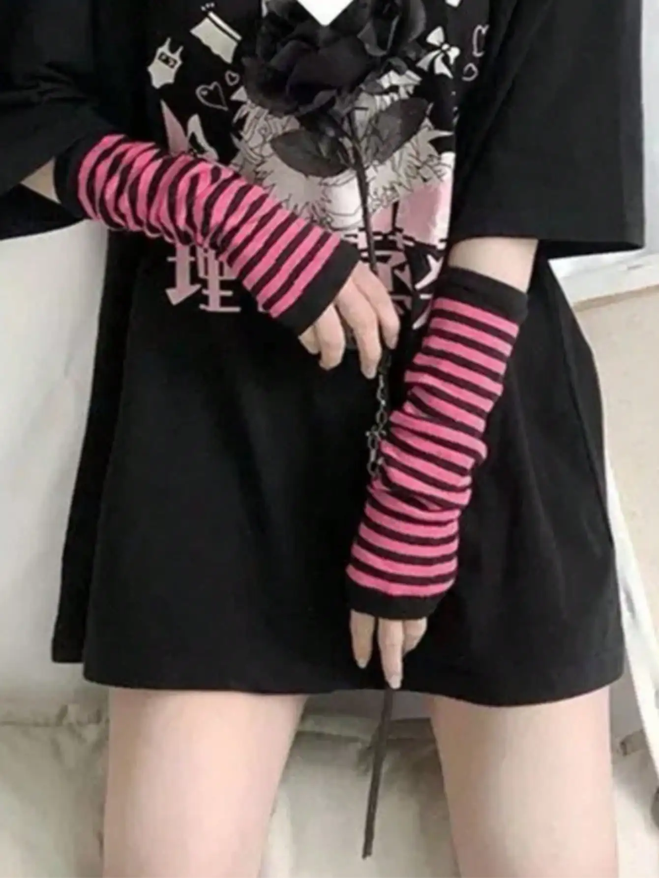 1 Pair Y2K Punk Striped Knitte - Fingerless Glove Knit avaliação e preço