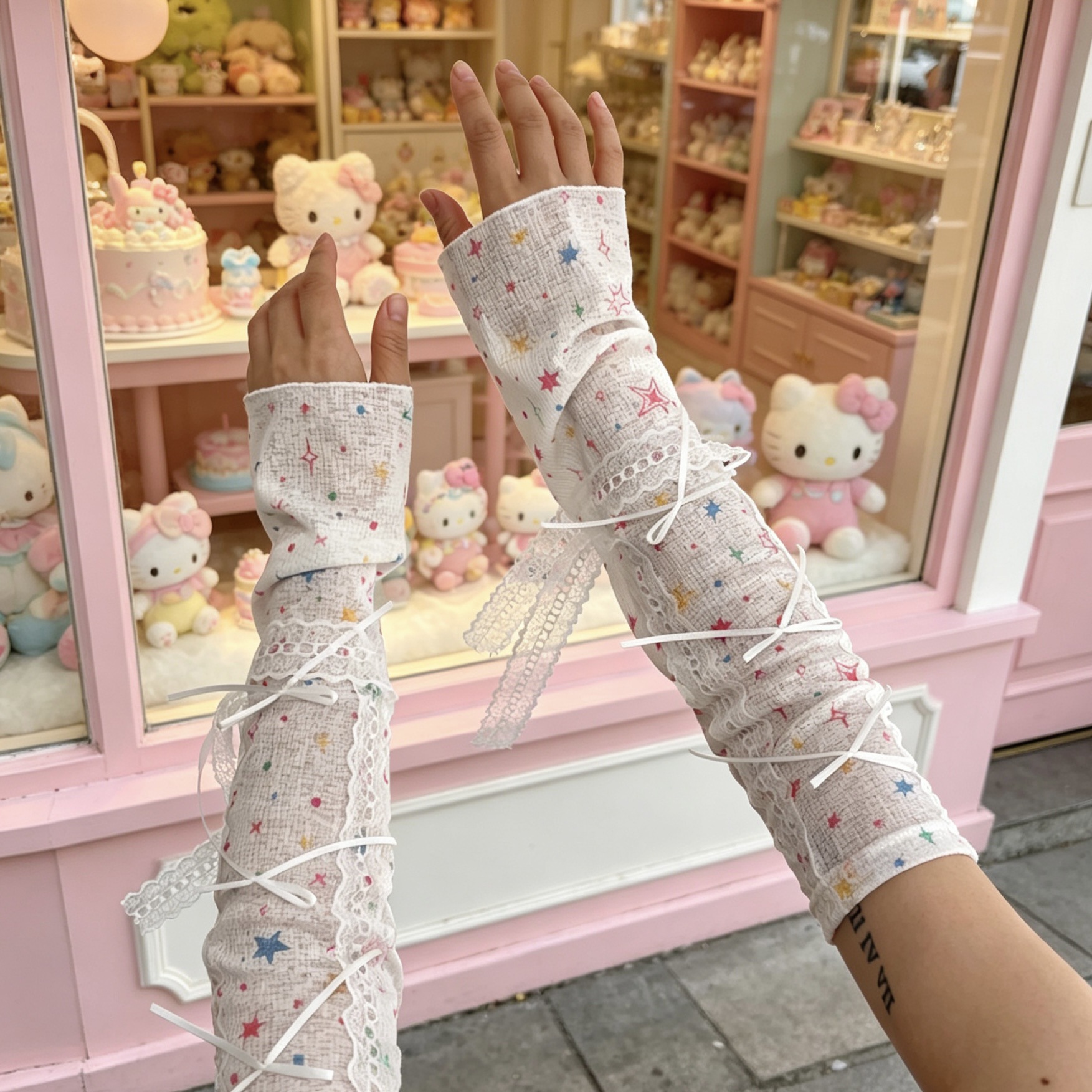 Kawaii Star Print Lace Arm Sle - Fingerless Glove Knit avaliação e preço
