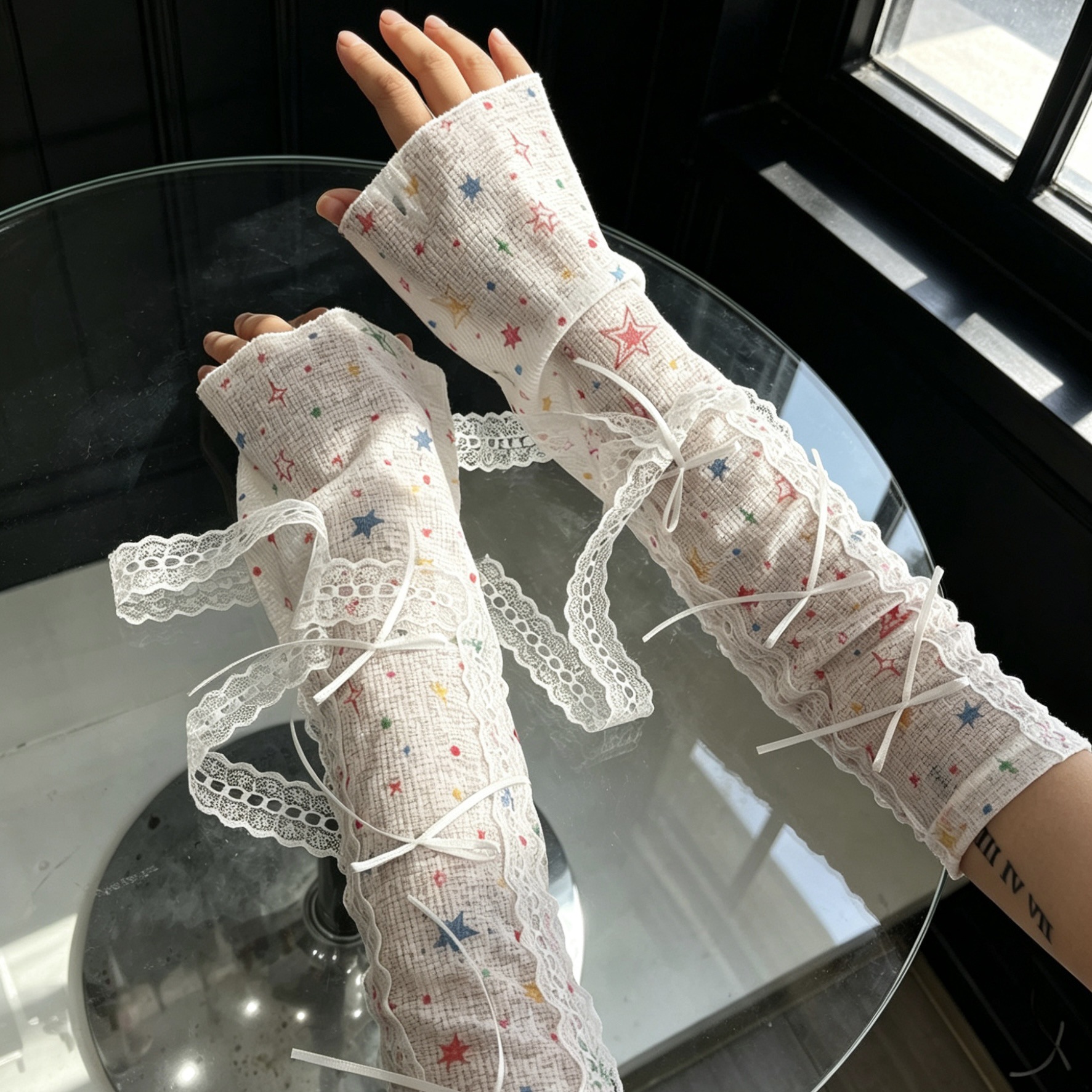 Kawaii Star Print Lace Arm Sle - Fingerless Glove Knit avaliação e preço